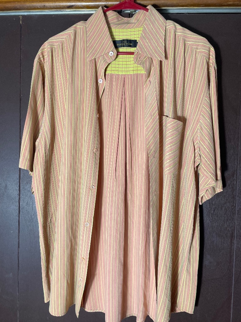 Bugatchi Men's Sz. Large short-sleeve button-up muted pink striped shirt SUMMER